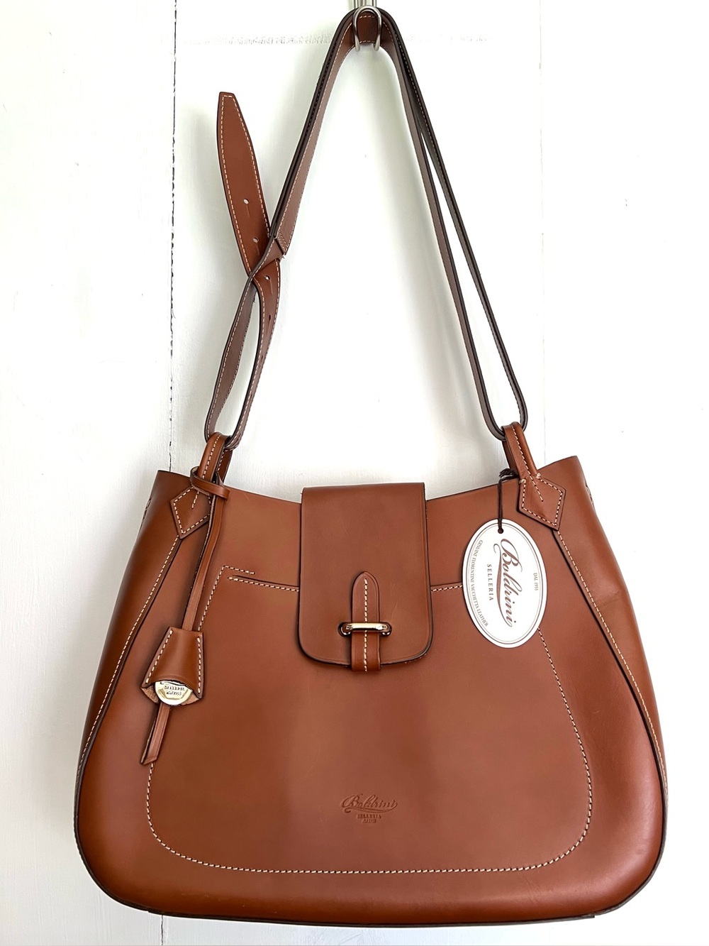 Boldrini Selleria Cuoio Brown Vacchetta Leather Large Hobo Shoulder Bag - Italy